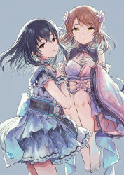 Rule 34 | 2girls, bare shoulders, barefoot, black hair, blue background, blue bow, blue choker, blue dress, bow, breasts, brown hair, choker, closed mouth, detached sleeves, dot nose, dress, earrings, floating hair, flower, frilled dress, frills, fujiwara hajime, full body, furorida, hair between eyes, hair flower, hair ornament, hand on own chest, hands on own chest, highres, hojo karen, idolmaster, idolmaster cinderella girls, idolmaster cinderella girls starlight stage, japanese clothes, jewelry, kimono, layered dress, long hair, long sleeves, looking at viewer, medium breasts, multicolored clothes, multicolored kimono, multiple girls, parted lips, purple flower, red eyes, short sleeves, simple background, sleeveless, sleeveless kimono, smile, waist bow, wide sleeves, yellow eyes