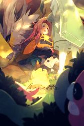 Rule 34 | 1boy, 1girl, arietta (tales), blush, creature, doll, dress, echo (circa), green hair, hat, ion (tales), long hair, monster, open mouth, pink eyes, pink hair, smile, stuffed toy, tales of (series), tales of the abyss