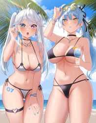 Rule 34 | 2girls, absurdres, artist name, bikini, black choker, blue eyes, blue hair, blue nails, breasts, choker, cleavage, cloud, cup, drinking straw, earrings, eyewear on head, facial mark, food, fruit, glasses, grey hair, gudanco (nyanmeowzer), hair between eyes, hand on own thigh, heart o-ring, heterochromia, highres, holding, holding cup, indie virtual youtuber, jewelry, large breasts, long hair, milkie (vtuber), mole, mole under eye, multiple girls, navel, navel piercing, necklace, o-ring, o-ring thigh strap, open mouth, orange (fruit), orange slice, palm leaf, partially visible vulva, piercing, pink eyes, prot0type7, round eyewear, second-party source, side-tie bikini bottom, sky, sparkle, swimsuit, thigh strap, twintails, virtual youtuber, white bikini, yellow eyes, yellow nails