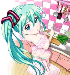 Rule 34 | 00s, 1girl, apron, aqua hair, ass, barefoot, blue eyes, blush, bungo, butt crack, downblouse, foreshortening, from above, hatsune miku, indoors, kitchen, knife, long hair, looking at viewer, looking back, naked apron, nearly naked apron, panties, pov, solo, spring onion, standing, striped clothes, striped panties, underwear, vocaloid, yamashita bungo