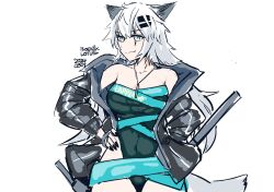 Rule 34 | 1girl, alternate costume, animal ears, arknights, artist name, bare shoulders, black coat, black leotard, black nails, breasts, character name, chinese commentary, closed mouth, clothes writing, coat, commentary request, cowboy shot, dated, dated commentary, fingernails, grey eyes, grey tail, hair ornament, hairclip, hand on own hip, highleg, highleg leotard, highres, jewelry, lappland (arknights), leotard, long fingernails, long hair, long sleeves, looking at viewer, medium breasts, necklace, off shoulder, open clothes, open coat, phoenixlotus, scar, scar across eye, scar on face, sharp fingernails, signature, simple background, sketch, smile, solo, standing, strapless, strapless leotard, tail, white background, white hair, wolf ears, wolf girl, wolf tail