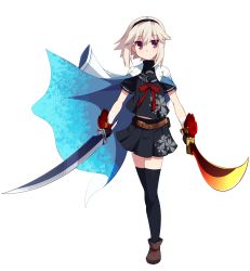 1girl absurdres cape dual_wielding female_focus full_body gloves hairband highres holding hoppege original red_eyes school_uniform serafuku short_hair silver_hair simple_background skirt solo sword thighhighs transparent_background weapon white_background zettai_ryouiki