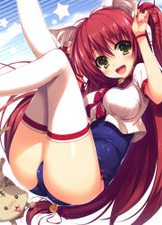Rule 34 | 1girl, absurdres, animal ears, bell, cat, cat ears, green eyes, hair bell, hair ornament, hair ribbon, highres, jingle bell, long hair, low-tied long hair, no pants, one-piece swimsuit, red hair, ribbon, school swimsuit, school uniform, shiny clothes, swimsuit, swimsuit under clothes, thighhighs, tomose shunsaku, twintails, two side up, white thighhighs, yellow eyes