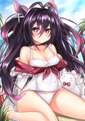 Rule 34 | 1girl, antenna hair, azur lane, bare legs, bare shoulders, barefoot, black hair, blue sky, blush, breasts, cleavage, closed mouth, cloud, cloudy sky, commentary, creature, day, gradient hair, hair between eyes, highres, horns, i-168 (azur lane), long hair, long sleeves, looking at viewer, medium breasts, multicolored hair, neckerchief, off shoulder, old school swimsuit, one-piece swimsuit, outdoors, purple hair, red eyes, red neckerchief, ryara, school swimsuit, school swimsuit flap, sitting, sky, smile, solo, swimsuit, two side up, very long hair, wariza, white one-piece swimsuit