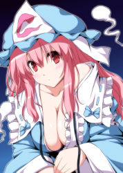 Rule 34 | 1girl, alternate hair length, blue dress, breasts, cleavage, collarbone, dress, female focus, hat, highres, hitodama, large breasts, long sleeves, looking at viewer, mob cap, nori tamago, off shoulder, open clothes, open dress, pink eyes, pink hair, saigyouji yuyuko, solo, touhou, triangular headpiece, upper body, veil, wide sleeves