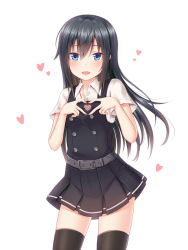 Rule 34 | 1girl, adapted costume, asashio (kancolle), belt, black dress, black hair, black thighhighs, blue eyes, blush, breasts, buttons, collared shirt, dress, hair between eyes, hanazome dotera, heart, heart hands, jewelry, kantai collection, lips, long hair, long sleeves, looking at viewer, open mouth, pinafore dress, ring, school uniform, shirt, short sleeves, simple background, sleeveless, sleeveless dress, small breasts, smile, solo, thighhighs, wedding ring, white background, white shirt