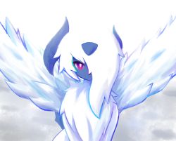 Rule 34 | :&lt;, absol, bright pupils, closed mouth, creatures (company), expressionless, feathered wings, fluffy, fur collar, game freak, gen 3 pokemon, gradient background, hair over one eye, icykatsura, long hair, looking at viewer, mega absol, mega pokemon, nintendo, one eye covered, pokemon, pokemon (creature), red eyes, sidelocks, simple background, sitting, split mouth, straight-on, upper body, white background, white pupils, white wings, wings