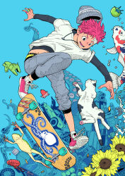Rule 34 | 1boy, bishounen, blue background, bottle, car, cat, character request, commentary, copyright request, denim, english commentary, fish, floating, flower, food, frog, fruit, highres, jeans, lower teeth only, male focus, motor vehicle, original, pants, red hair, shirt, skateboarding, solo, sunflower, teeth, water bottle, white shirt, zngo