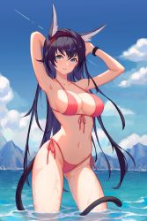 Rule 34 | 1girl, animal ear fluff, animal ears, arknights, armpits, arms up, bikini, black hair, blaze (arknights), blue eyes, blush, bracelet, breasts, cat ears, cat girl, cat tail, cleavage, closed mouth, contrapposto, cowboy shot, dhsl, front-tie bikini top, front-tie top, gluteal fold, hairband, highres, infection monitor (arknights), jewelry, large breasts, long hair, looking at viewer, mountainous horizon, pink bikini, pink ribbon, red hairband, ribbon, side-tie bikini bottom, smile, solo, swimsuit, tail, very long hair, wading, water, wet