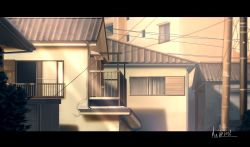 Rule 34 | absurdres, bad id, bad pixiv id, balcony, building, hakuurei amano, highres, house, letterboxed, no humans, original, outdoors, power lines, scenery, shadow, sunset, utility pole, watermark, window
