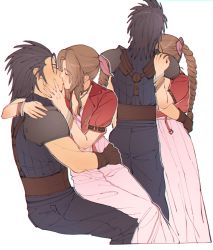 Rule 34 | 1boy, 1girl, aerith gainsborough, armor, black hair, bracelet, braid, braided ponytail, breasts, brown hair, choker, cleavage, closed eyes, couple, dress, final fantasy, final fantasy vii, final fantasy vii remake, gloves, hair ribbon, hetero, hug, jacket, jewelry, kiss, long hair, pink dress, pudelmudel, red jacket, ribbon, shoulder armor, sitting, sitting on lap, sitting on person, sleeveless, sleeveless turtleneck, small breasts, spiked hair, standing, turtleneck, white background, zack fair