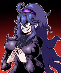 Rule 34 | 1girl, @ @, alternate breast size, bags under eyes, bidul (bidul72476120), black hair, black sweater, breasts, clenched teeth, creatures (company), dress, game freak, hairband, heart, hex maniac (pokemon), highres, large breasts, long hair, looking to the side, nervous smile, nintendo, pokemon, pokemon xy, purple dress, purple eyes, purple hairband, ribbed sweater, shaded face, simple background, smile, solo, sweatdrop, sweater, taut clothes, taut dress, teeth, very long hair
