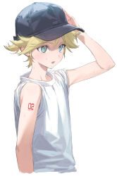 Rule 34 | 1boy, aqua eyes, arm tattoo, baseball cap, blonde hair, blush, cropped torso, hair between eyes, hand on headwear, hat, highres, kagamine len, looking at viewer, male focus, naoko (naonocoto), parted lips, ponytail, shirt, short ponytail, simple background, sleeves rolled up, solo, spiked hair, sweat, tattoo, upper body, vocaloid, white background, white shirt