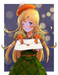 Rule 34 | 1girl, ahoge, belt, beret, blonde hair, blue eyes, blush, border, bow, closed mouth, commentary request, cowboy shot, cropped jacket, dress, envelope, eyelashes, fur-trimmed jacket, fur-trimmed sleeves, fur trim, giving, gloves, green dress, hat, highres, holding, holding envelope, idolmaster, idolmaster million live!, jacket, letter, light particles, long hair, long sleeves, looking at viewer, love letter, nervous smile, night, night sky, one eye closed, orange belt, orange bow, orange gloves, orange hat, outside border, plaid, plaid dress, pom pom (clothes), shinomiya karen, sky, smile, solo, waist bow, wavy mouth, white border, white jacket, winter clothes, witoi (roa)