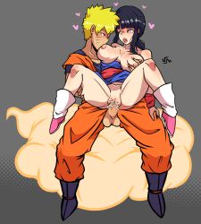 Rule 34 | 1boy, 1girl, artist name, black hair, blonde hair, blue eyes, blush, breasts, chi-chi (dragon ball), chichi (cosplay), clothed sex, cloud, cosplay, couple, covered erect nipples, cum, cum in pussy, dragon ball, facial mark, heart, heart-shaped pupils, hetero, highres, hyuuga hinata, large breasts, large penis, naruto, naruto (series), nipples, open mouth, parted lips, penis, reverse cowgirl position, sex, sex from behind, signature, son goku, son goku (cosplay), spread legs, straddling, symbol-shaped pupils, thick thighs, thighs, tongue, tongue out, uncensored, uzumaki naruto, vaginal, verymediocre, white eyes