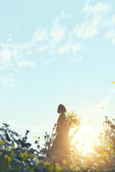 Rule 34 | 1girl, absurdres, arms at sides, blue sky, bush, cloud, dress, facing away, falling leaves, from behind, highres, leaf, lens flare, long dress, morning, original, outdoors, plant, scenery, short hair, signature, silhouette, sky, skyrick9413, solo, sun, sunrise, wide shot