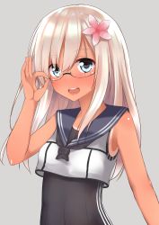 Rule 34 | 10s, 1girl, absurdres, bare shoulders, blonde hair, blue eyes, blush, crop top, eyebrows, flower, glasses, go-1, hair between eyes, hair flower, hair ornament, highres, kantai collection, long hair, looking at viewer, one-piece tan, open mouth, ro-500 (kancolle), sailor collar, school swimsuit, semi-rimless eyewear, smile, solo, swimsuit, swimsuit under clothes, tan, tanline