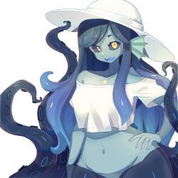 Rule 34 | 1girl, baburusushi, black sclera, blue hair, blue skin, colored sclera, colored skin, female focus, fins, gradient hair, hat, head fins, highres, jewelry, monster girl, multicolored hair, navel, necklace, open mouth, original, scylla, simple background, solo, tentacles, white background, yellow eyes