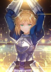 Rule 34 | 1girl, ahoge, armor, armored dress, arms up, artoria pendragon (all), artoria pendragon (fate), blonde hair, blue dress, braid, breastplate, breasts, commentary request, cowboy shot, dress, fate/stay night, fate (series), gauntlets, green eyes, hair ribbon, highres, holding, holding weapon, juliet sleeves, light, light particles, long sleeves, looking at viewer, medium breasts, mountainous horizon, parted lips, puffy sleeves, ribbon, saber (fate), short hair, sidelocks, solo, tapioka (oekakitapioka), upper body, weapon