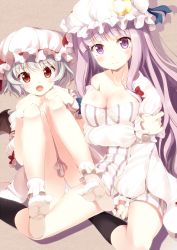 Rule 34 | 2girls, bad id, bad pixiv id, bat wings, black socks, blush, bobby socks, breasts, cleavage, dress, fang, female focus, hands on own knees, hat, highres, holding another&#039;s arm, holding own arm, kneehighs, komone ushio, light purple hair, long hair, long legs, multiple girls, off shoulder, open mouth, panties, patchouli knowledge, purple eyes, purple hair, red eyes, remilia scarlet, short hair, sitting, socks, striped clothes, striped dress, touhou, underwear, white legwear, white panties, wings, wrist cuffs