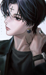 Rule 34 | 1boy, absurdres, black eyes, black hair, black jacket, black shirt, chrollo lucilfer, closed mouth, facial mark, forehead mark, hair between eyes, hand on own neck, highres, hunter x hunter, jacket, jewelry, leather, leather jacket, lips, male focus, neck tattoo, shirt, simple background, sjamki, solo, spider tattoo, tattoo, upper body, watch, wristwatch