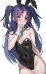 Rule 34 | 1girl, @ @, alternate costume, animal ears, bare shoulders, black leotard, blue archive, blue eyes, blue necktie, blush, breasts, commentary, detached collar, fake animal ears, finger to mouth, hair intakes, hanato (seonoaiko), highleg, highleg leotard, highres, leotard, long hair, medium breasts, necktie, nervous sweating, parted bangs, playboy bunny, purple hair, rabbit ears, short necktie, short twintails, simple background, solo, strapless, strapless leotard, sweat, symbol-shaped pupils, twintails, v-shaped eyebrows, white background, wrist cuffs, yuuka (blue archive)