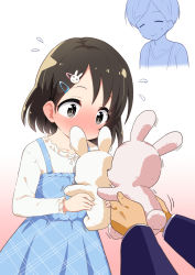 Rule 34 | 1boy, 2girls, anger vein, black hair, blue dress, blush, brown background, closed eyes, closed mouth, collarbone, covered mouth, dress, flying sweatdrops, frilled shirt, frills, gradient background, grey eyes, hair ornament, hairclip, holding, holding stuffed toy, idolmaster, idolmaster cinderella girls, idolmaster cinderella girls starlight stage, jacket, long sleeves, multiple girls, nose blush, open clothes, open jacket, out of frame, parted bangs, pleated dress, producer (idolmaster), rabbit hair ornament, sasaki chie, sasaki chie&#039;s mother, shirt, sleeveless, sleeveless shirt, smile, stuffed animal, stuffed rabbit, stuffed toy, swept bangs, white background, white shirt, yuuma (skirthike)