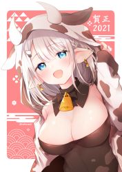 Rule 34 | 1girl, 2021, :d, animal costume, animal ears, animal hood, animal print, bare shoulders, bell, black bow, black bowtie, blue eyes, blunt bangs, blush, border, bow, bowtie, braid, breasts, chinese zodiac, cleavage, collar, commentary request, covered navel, cow costume, cow ears, cow horns, cow print, detached collar, dutch angle, earrings, fang, french braid, fukunoki tokuwa, hair between eyes, hair ornament, hairpin, highres, hood, hood up, horns, jewelry, large breasts, looking at viewer, medium hair, neck bell, nengajou, new year, off shoulder, open mouth, original, outside border, pointy ears, silver hair, simple background, skin fang, sleeves past wrists, smile, solo, upper body, white border, year of the ox