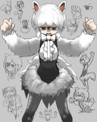 Rule 34 | 1girl, animal ears, black eyes, black hair, black pantyhose, bow, bowtie, clenched hands, commentary request, fur, fur trim, gradient hair, grey background, hair between eyes, highres, kemono friends, long sleeves, multicolored hair, multiple views, open mouth, pantyhose, shaded face, simple background, sketch, southern tamandua (kemono friends), sweat, tail, tamandua ears, tamandua tail, tirarizun, white bow, white bowtie, white hair