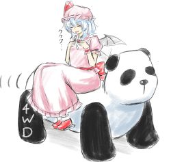 Rule 34 | 1girl, bat wings, blue hair, blush stickers, brooch, dress, closed eyes, fangs, flapping, ganmaganmo, hands on own chest, hat, jewelry, mecha, mob cap, non-humanoid robot, panda, remilia scarlet, riding, robot, robot animal, sash, sidesaddle, simple background, solo, touhou, vehicle, walker (robot), wings, wrist cuffs