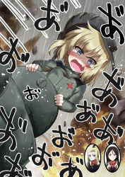 Rule 34 | 10s, 3girls, black hair, black vest, blonde hair, blue eyes, clara (girls und panzer), commentary request, constricted pupils, double v, emblem, explosion, fang, fire, girls und panzer, green jumpsuit, helmet, highres, holding, ishii takuma, jumpsuit, katyusha (girls und panzer), long hair, long sleeves, looking at viewer, multiple girls, nonna (girls und panzer), object request, open mouth, pravda military uniform, projectile trail, rain, red shirt, red star, scared, screaming, shirt, short hair, smoke, solo focus, star (symbol), swept bangs, tank cupola, tank helmet, tearing up, turtleneck, v, vest, wall of text