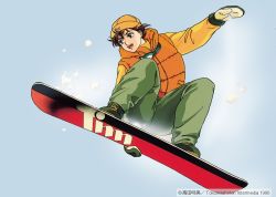 Rule 34 | 1990s (style), 1996, 1girl, beanie, brown hair, copyright notice, dated, goggles, goggles around neck, hat, long sleeves, mittens, open mouth, pc engine fan, retro artstyle, short hair, simple background, ski gear, snowboard, snowboarding, solo, takada akemi, white background, winter clothes
