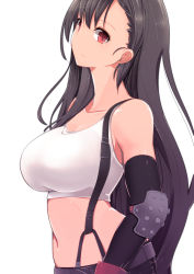 Rule 34 | 1990s (style), 1girl, bare shoulders, black hair, breasts, crop top, final fantasy, final fantasy vii, highres, large breasts, long hair, looking at viewer, midriff, navel, pon (shind 997), red eyes, retro artstyle, simple background, solo, suspenders, tank top, tifa lockhart, white background