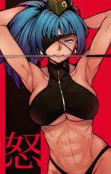 Rule 34 | 1girl, abs, armpits, arms behind head, arms up, bloopiest, blue eyes, blue hair, breasts, earrings, eyepatch, halterneck, halterneck, hat, highleg, highleg panties, highres, jewelry, large breasts, leona heidern, mini hat, mouth hold, panties, ponytail, solo, sword, the king of fighters, translation request, underwear, upper body, weapon