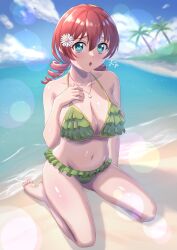 Rule 34 | 1girl, :o, aqua eyes, barefoot, beach, bikini, breasts, cleavage, collarbone, commentary, day, drill hair, emma verde, flower, freckles, frilled bikini, frills, green bikini, hair flower, hair ornament, hand on own chest, highres, jewelry, kneeling, large breasts, lens flare, long hair, looking at viewer, love live!, love live! nijigasaki high school idol club, navel, open mouth, outdoors, pendant, red hair, signature, sitting, solo, sugi (sugi03aurus), swimsuit, toes, twin drills, white flower