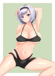 Rule 34 | 1girl, absurdres, arm behind head, arm up, armpits, azur lane, bad id, bad pixiv id, bare shoulders, bike shorts, black bra, black hairband, black shorts, blush, bra, breasts, cleavage, clothing cutout, collarbone, commentary request, cowboy shot, green background, grey hair, groin, hairband, highres, large breasts, looking at viewer, mayama (hypermagicmountain), midriff, navel, parted hair, purple eyes, reno (azur lane), short hair, shorts, side cutout, sidelocks, simple background, sitting, skindentation, smile, solo, taut clothes, underboob, underwear
