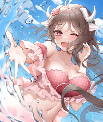 Rule 34 | 1girl, ;d, absurdres, animal ears, antenna hair, arknights, bare shoulders, bikini, blue sky, blush, bouncing breasts, breasts, brown hair, cleavage, collarbone, commentary request, day, eyjafjalla (arknights), eyjafjalla (summer flower) (arknights), flower, goat ears, goat horns, hair flower, hair ornament, highres, hongye feixue, horns, long hair, medium breasts, navel, official alternate costume, one eye closed, open mouth, outdoors, outstretched arm, pink bikini, pink flower, purple eyes, sky, smile, solo, splashing, stomach, strapless, strapless bikini, swimsuit, upper body, very long hair, water