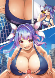 Rule 34 | 1boy, 1girl, blue hair, blue sky, blush, bottle, breasts, building, competition swimsuit, cum, curly hair, destruction, drinking, ejaculation, fang, giant, giantess, gradient hair, hair ornament, hetero, highres, huge breasts, i-19 (kancolle), kantai collection, multicolored hair, nails, one-piece swimsuit, open mouth, paizuri, paizuri under clothes, pink hair, purple hair, red eyes, sahara1127, sky, smile, star-shaped pupils, star (symbol), swimsuit, symbol-shaped pupils, torn clothes