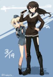 Rule 34 | &gt;:(, 2girls, adolfine galland, bad id, bad twitter id, black footwear, blonde hair, blue eyes, bomber jacket, boots, brown hair, chaps, frown, garrison cap, hand on own hip, hat, helma lennartz, hip vent, jacket, kodamari, long hair, long sleeves, multiple girls, pants, strike witches, strike witches: suomus misfits squadron, strike witches zero, sweatdrop, twitter username, v-shaped eyebrows, world witches series