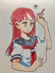 Rule 34 | 1girl, closed mouth, collarbone, commentary request, cropped torso, grey sailor collar, hair ornament, hairclip, half updo, highres, holding, holding paper, holding pen, kashikaze, love live!, love live! sunshine!!, neckerchief, paper, pen, puffy short sleeves, puffy sleeves, red hair, red neckerchief, sailor collar, sakurauchi riko, school uniform, serafuku, shirt, short sleeves, simple background, single sidelock, solo, spoken squiggle, squiggle, traditional media, upper body, uranohoshi school uniform, white background, white shirt, yellow eyes
