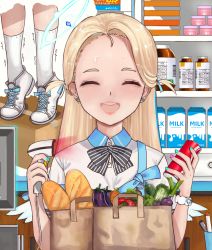 Rule 34 | 1girl, apron, bag, black bow, blonde hair, blue apron, blue archive, blue nails, bow, bowtie, box, bread, cardboard box, earrings, facing viewer, food, forehead, groceries, grocery bag, halo, highres, jewelry, long hair, maryn, milk carton, multicolored nails, nail polish, open mouth, scanner, shirt, shopping bag, short sleeves, solo, sora (blue archive), supermarket, sweat, tiptoes, trembling, two side up, white footwear, white legwear, white shirt, wings