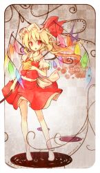 Rule 34 | 1girl, :o, arm up, ascot, blonde hair, dress, female focus, flandre scarlet, floral print, frills, fuiyu (feuille0818), hat, hat ribbon, holding, laevatein, open mouth, red eyes, ribbon, shadow, short hair, short sleeves, solo, touhou, wings