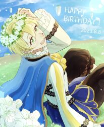 Rule 34 | 1boy, alfred (fire emblem), blonde hair, blue cape, blue sky, cape, fire emblem, fire emblem engage, flower, frilled sleeves, frills, grass, green eyes, head wreath, highres, long sleeves, looking at viewer, male focus, nintendo, on grass, open mouth, s1wa 3, short hair, sitting, sky, smile, solo