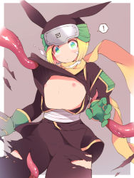 Rule 34 | !, 1other, androgynous, blonde hair, blush, bob cut, character request, commentary request, constricted pupils, cowboy shot, dot nose, dragon quest, dragon quest monsters plus, flat chest, forehead protector, gloves, gold trim, green eyes, green gloves, grey background, head tilt, koorizu, long sleeves, looking at viewer, ninja, nipples, open mouth, puffy long sleeves, puffy sleeves, scarf, short hair, simple background, solo, speech bubble, spoken exclamation mark, surprised, surprised arms, tentacles, torn clothes, wide-eyed, yellow scarf