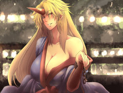 Rule 34 | 1girl, bare shoulders, blonde hair, breasts, chain, cleavage, cuffs, female focus, horns, hoshiguma yuugi, hoshiguma yuugi (kimono), huge breasts, japanese clothes, kimono, large breasts, long hair, off shoulder, oni, pointy ears, red eyes, single horn, solo, tobisawa, touhou, upper body
