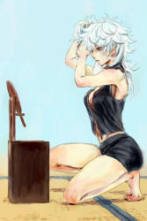 Rule 34 | 1girl, adjusting hair, barefoot, breasts, cj (cyber cider), cleavage, gender request, genderswap, gintama, kneeling, large breasts, mirror, mouth hold, red eyes, sakata gintoki, shorts, silver hair, solo, twintails, tying hair