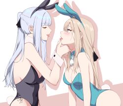 Rule 34 | 2girls, absurdres, ak-12 (girls&#039; frontline), alternate costume, an-94 (girls&#039; frontline), animal ears, aqua eyes, aqua leotard, black leotard, blonde hair, blush, braid, breasts, cleavage, closed eyes, fake animal ears, feet out of frame, french braid, girls&#039; frontline, highres, kavni, leotard, long hair, looking at another, medium breasts, multiple girls, open mouth, playboy bunny, ponytail, rabbit ears, rabbit tail, saliva swap, sidelocks, simple background, small breasts, tail, tongue, tongue out, upper body, white hair, white wrist cuffs, wrist cuffs, yuri