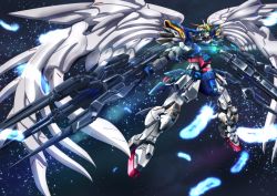 Rule 34 | dual wielding, feathers, floating, glowing, glowing eyes, green eyes, gun, gundam, gundam wing, gundam wing endless waltz, highres, holding, holding gun, holding weapon, looking up, mecha, no humans, robot, solo, space, star (sky), tyuuboutyauyo, v-fin, weapon, wing gundam zero custom, wings