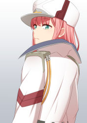 Rule 34 | 10s, 1girl, coat, darling in the franxx, from behind, gradient background, green eyes, grey background, hat, long hair, looking at viewer, looking back, murata isshin, pink hair, solo, upper body, white coat, white hat, zero two (darling in the franxx)