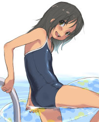 Rule 34 | 1girl, :d, ass, black hair, blush, competition school swimsuit, flat chest, from side, innertube, kikurage (crayon arts), leaning forward, long hair, looking back, one-piece swimsuit, open mouth, pool ladder, school swimsuit, smile, solo, swim ring, swimsuit